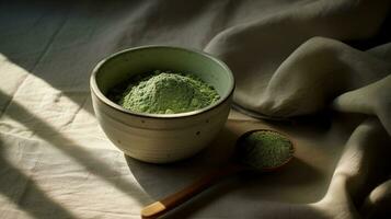 Generative AI, Green matcha tea powder and drink, muted neutral colors. Traditional Japanese tea photo