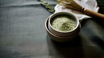 Generative AI, Green matcha tea powder and drink, muted neutral colors. Traditional Japanese tea photo