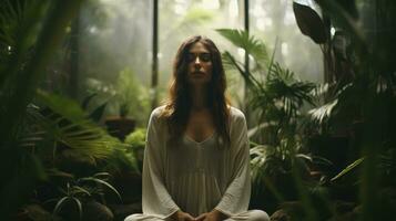 generativo ai, mujer haciendo meditación, estético apagado beige colores foto