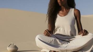 generativo ai, mujer haciendo meditación, estético apagado beige colores foto