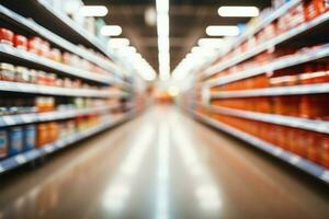 Blurred interior of a supermarket store aisle, creating an abstract backdrop AI Generated photo