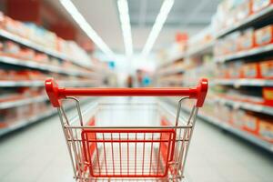 Background of a blurred supermarket aisle, featuring an empty red cart AI Generated photo