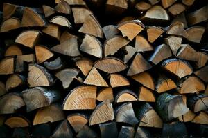 Background with textured firewood stack, ready for cozy fireplace warmth AI Generated photo