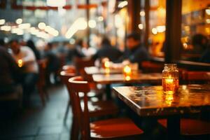Bokeh effect in a restaurant, customers dining in the background AI Generated photo