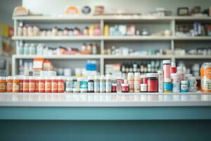 Busy pharmacy table with neatly arranged medicines on store shelves AI Generated photo
