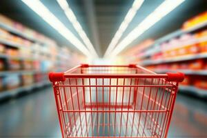 Background of a blurred supermarket aisle, featuring an empty red cart AI Generated photo