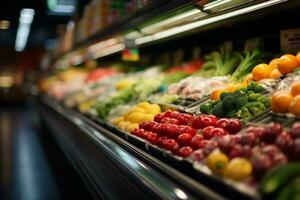 borroso fondo tienda de comestibles Tienda estantería lleno con Fresco frutas, vegetales ai generado foto