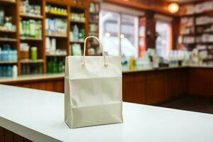 Blurry drugstore backdrop with a paper bag on the counter AI Generated photo