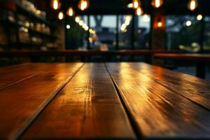 Bokeh lit cafe ambiance, detailed view of a wooden table surface AI Generated photo