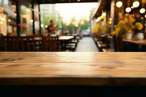 cafeterías dinámica difuminar complementa un de madera mesa en un acogedor ajuste ai generado foto