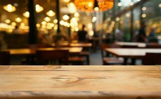 Cafes dynamic blur complements a wooden table in a cozy setting AI Generated photo