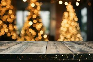 Bokeh lights from a Christmas tree backdrop an empty tabletop AI Generated photo