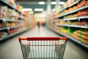 Blurred supermarket aisle serves as a backdrop for an empty cart AI Generated photo