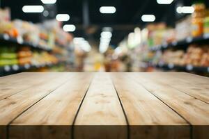 Blurred store aisle backdrop on wooden table, ideal for product showcasing AI Generated photo