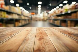 Blurred store aisle backdrop on wooden table, ideal for product showcasing AI Generated photo