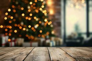 borroso Navidad árbol bokeh fondo detrás un vacío mesa ajuste ai generado foto