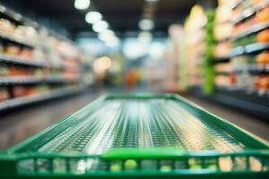 Abstractly blurred grocery store aisle with an empty green shopping cart AI Generated photo