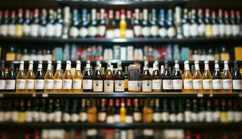 Blurred wine bottles on store shelves, setting a captivating backdrop AI Generated photo