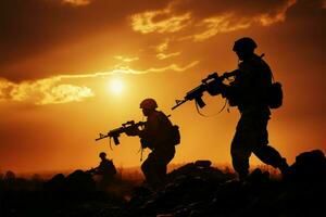 Armed team of soldiers or officers in silhouette at sunset AI Generated photo