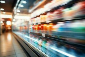 An abstract blur captures the bustling energy of a busy supermarket AI Generated photo