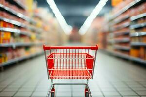 An empty red shopping cart in a blurred supermarket aisle backdrop AI Generated photo