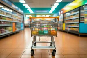 un vacío carro espera clientes en un supermercado tienda de comestibles Tienda escena ai generado foto