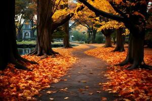 Autumns magic a park path, strewn with vivid maple leaves AI Generated photo