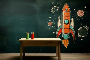 Back to school themed wood table with retro rocket chalk drawing AI Generated photo