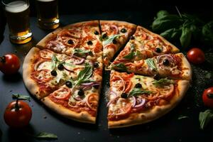 A mouthwatering Italian pizza, the star of your restaurant background AI Generated photo