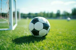 esperando patada apagado fútbol pelota en el expansivo jugando campo ai generado foto