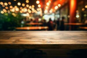 An empty wooden table in a restaurant, perfect for product mock ups AI Generated photo