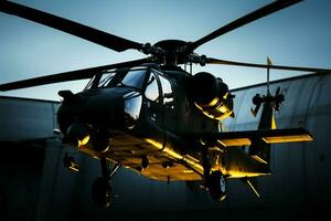 un no identificado militar helicóptero en el base Aerea representa aviación y transporte ai generado foto
