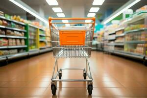 un no usado compras carro en un supermercado, parte de el historias paisaje ai generado foto