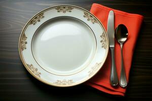 An empty plate, accented by a trio of pristine utensils AI Generated photo