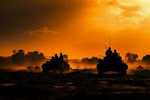 en medio de el puestas de sol resplandor y fumar, soldados ataque el enemigo ai generado foto