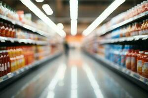 un resumen y borroso antecedentes dentro el interior de un supermercado pasillo ai generado foto