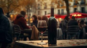 Generative AI, glass of wine and bottle on wooden table with blur background with lights of street bar, cafe, coffee shop or restaurant, wine mock up photo