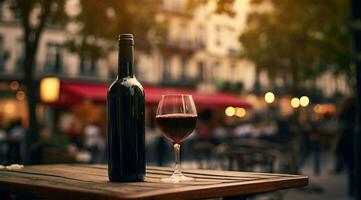 Generative AI, glass of wine and bottle on wooden table with blur background with lights of street bar, cafe, coffee shop or restaurant, wine mock up photo