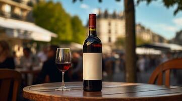 generativo ai, vaso de vino y botella en de madera mesa con difuminar antecedentes con luces de calle bar, cafetería, café tienda o restaurante, vino burlarse de arriba foto