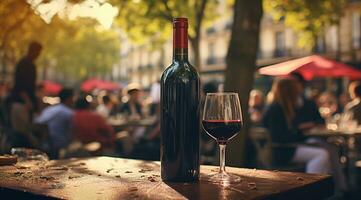 generativo ai, vaso de vino y botella en de madera mesa con difuminar antecedentes con luces de calle bar, cafetería, café tienda o restaurante, vino burlarse de arriba foto