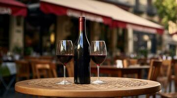 Generative AI, glass of wine and bottle on wooden table with blur background with lights of street bar, cafe, coffee shop or restaurant, wine mock up photo