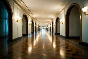 A hotel passageway, exuding a sense of grandeur and hospitality AI Generated photo