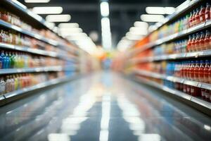 resumen y borroso antecedentes dentro un supermercado Tienda pasillo interior ai generado foto