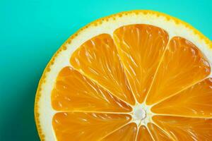 A zesty orange slice against a vivid turquoise background, citrus texture image AI Generated photo