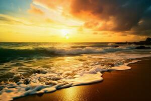 un pintoresco playa a amanecer o atardecer, naturalezas elegancia revelado ai generado foto