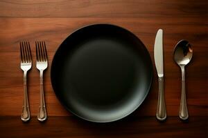 A prepared setting plate with knife, fork, and spoon arranged AI Generated photo