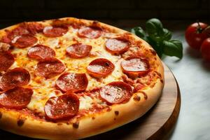 A delicious Italian culinary creation pepperoni pizza on a wooden tray AI Generated photo