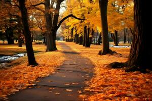 un escénico otoño camino, adornado con que cae arce hojas en brillantez ai generado foto