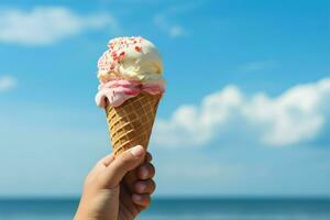 A hand grips an ice cream cone beneath the azure sky AI Generated photo