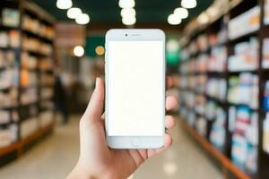 A womans hand with a blank smartphone screen in a pharmacy AI Generated photo